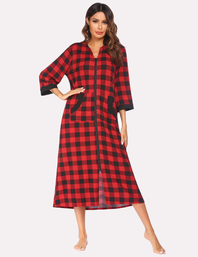 Red and black plaid zip-front nightgown robe with 3/4 sleeves