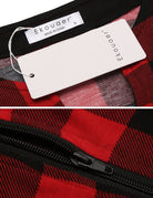 Ekouaer nightgown label and black zipper on red plaid fabric