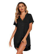 V-neck button-front teddy nightgown with short sleeves and chest pocket, black