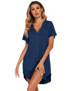 V-neck button-front teddy nightgown with short sleeves and chest pocket, blue