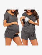 Maternity nursing lounge set in dark grey: short-sleeve tee and drawstring shorts