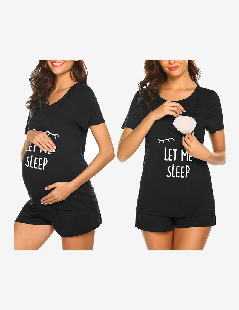 Maternity nursing lounge set in black: short-sleeve tee and shorts with “LET ME SLEEP”