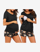 Maternity nursing lounge set in black: nursing tee with floral-print shorts
