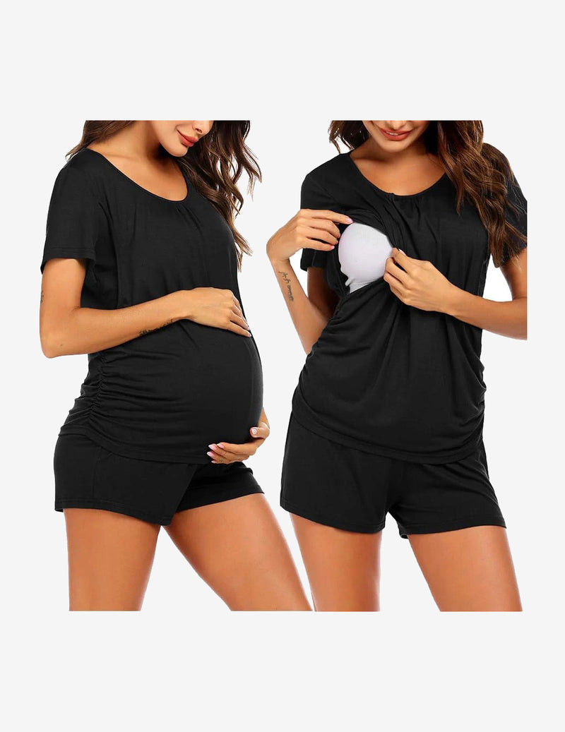 Maternity nursing lounge set in black: short-sleeve tee and drawstring shorts