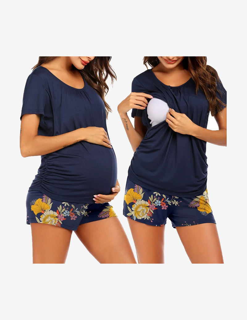 Maternity nursing lounge set in navy: short-sleeve tee and floral-print shorts