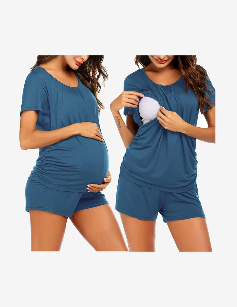 Maternity nursing lounge set in blue: short-sleeve tee and matching shorts