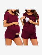 Maternity nursing lounge set in wine red: short-sleeve tee and matching shorts