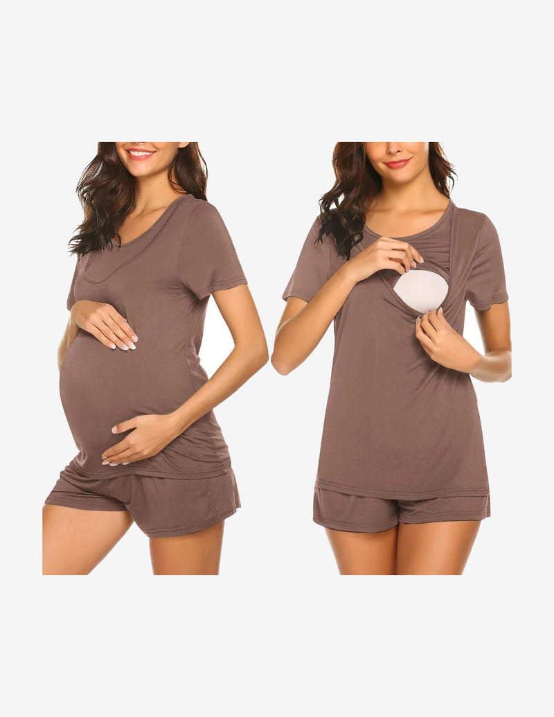 Maternity nursing lounge set in dark mauve, short-sleeve top with nursing flap and matching shorts