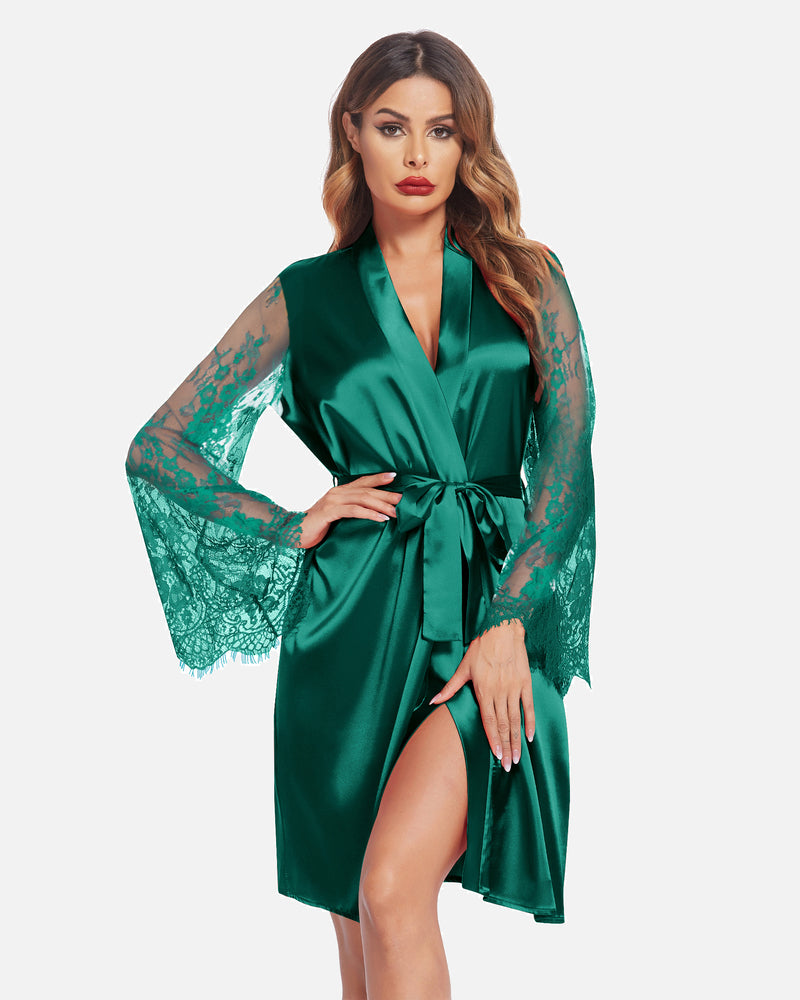 Teal satin kimono robe with lace sleeves, bridal or loungewear, elegant design