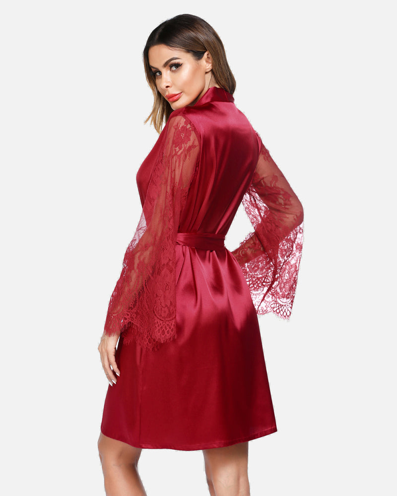 Red satin kimono robe with lace sleeves, bridal loungewear, elegant silk robe for women