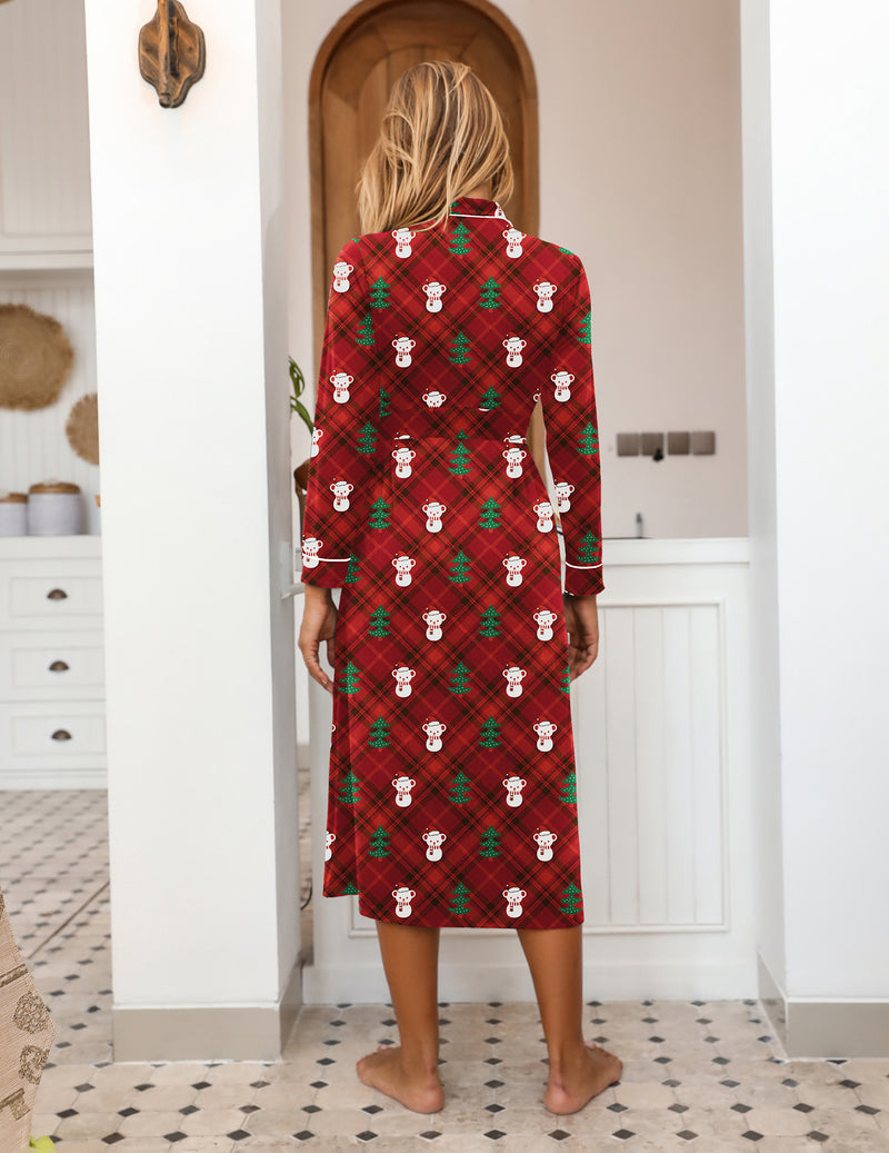 Full-length knit bathrobe in red plaid with snowman and tree pattern, back view