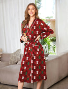 Full-length knit bathrobe in red plaid with snowman and tree prints