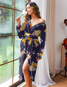 Navy floral knit kimono-style bathrobe with tie belt, long sleeves, split hem