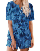 Women’s blue tie-dye pajama set, short-sleeve button-up top with V-neck and matching shorts