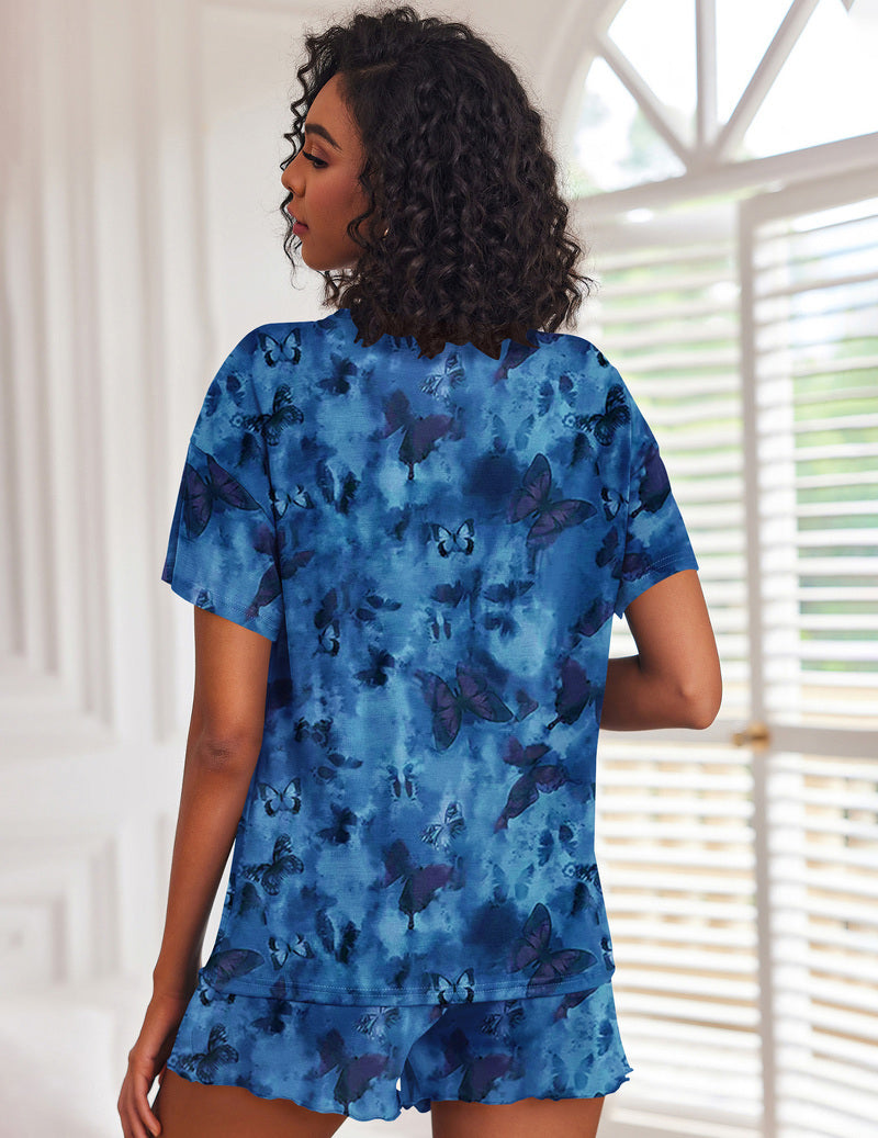 Women’s blue tie-dye pajama set, short-sleeve button top and matching shorts from the back