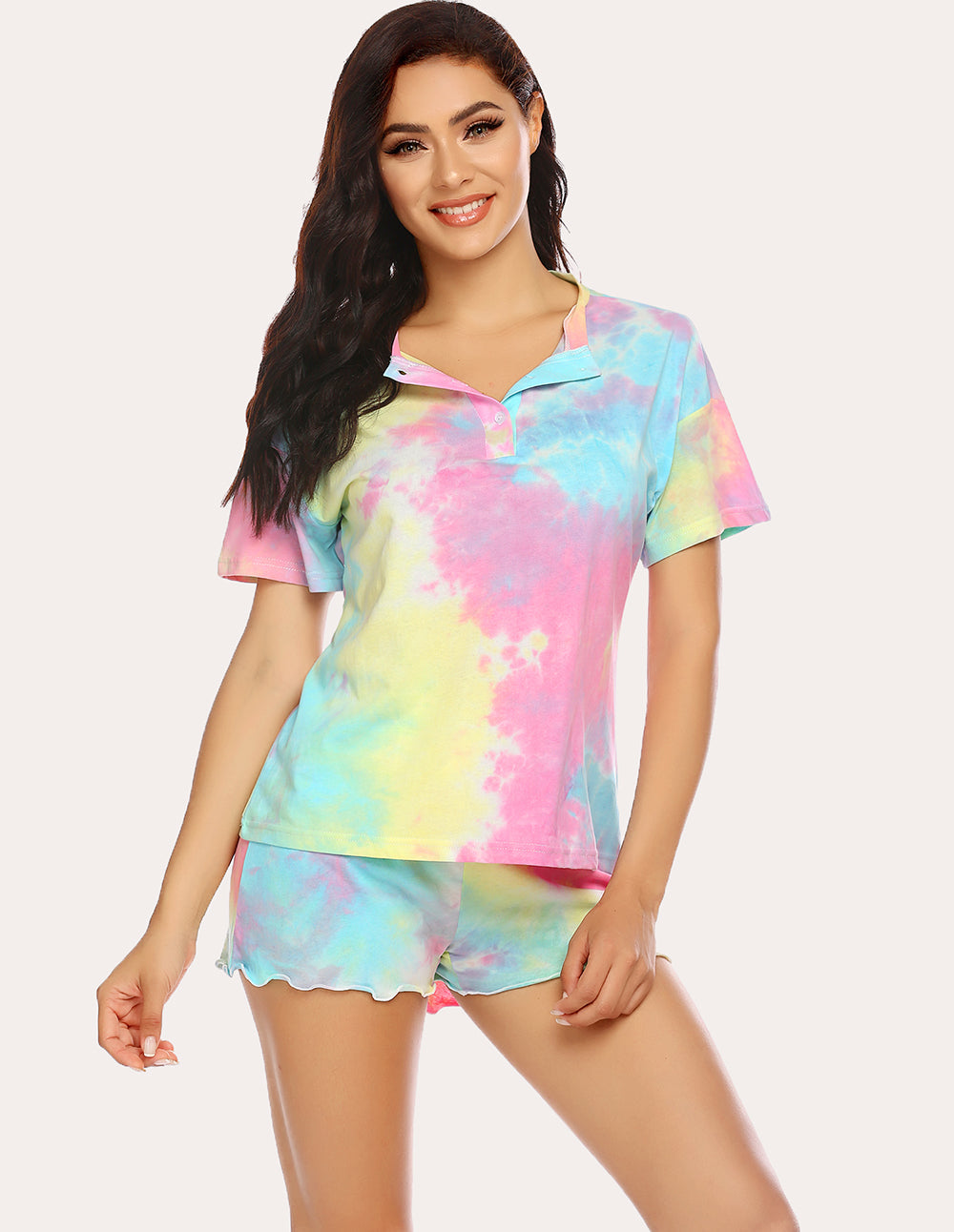 Tie-dye pajama set: short-sleeve button henley top and scalloped shorts, pastel