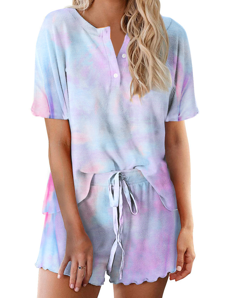 Women’s pastel tie-dye pajama set with short-sleeve button top and matching drawstring shorts