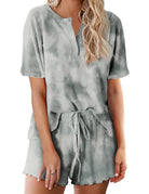 Women’s gray-green tie-dye pajama set with short-sleeve button-up top and matching drawstring shorts