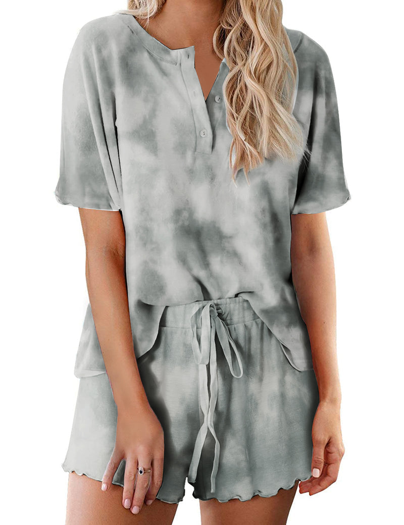 Women’s gray-green tie-dye pajama set with short-sleeve button-up top and matching drawstring shorts