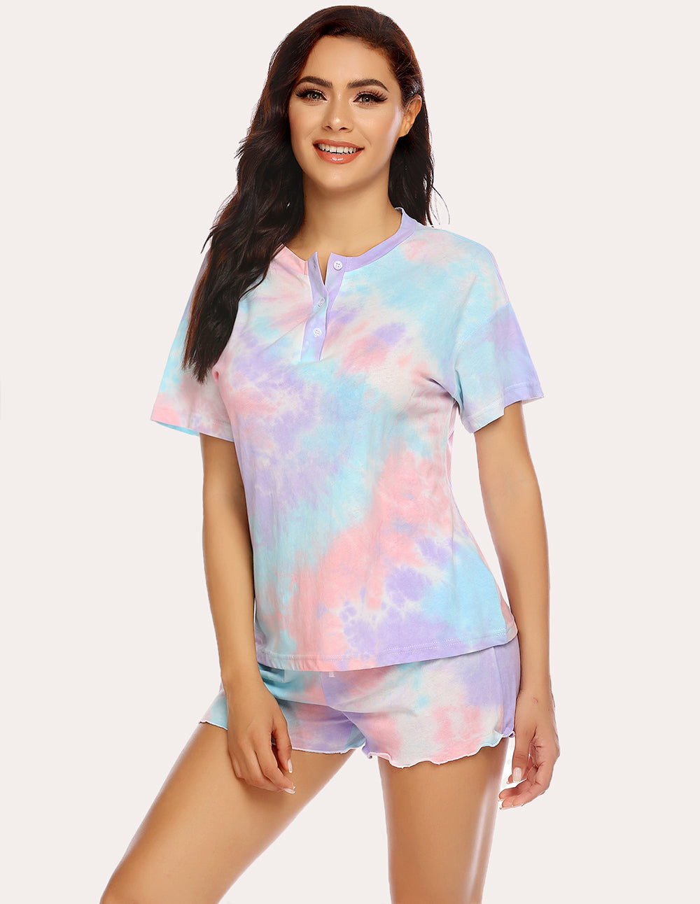 Tie-dye pajama set with button-front short-sleeve top and ruffled hem shorts, pastel