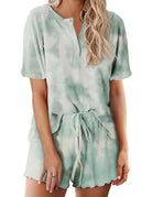 Women’s mint tie-dye pajama set with short-sleeve button-up top and matching drawstring shorts