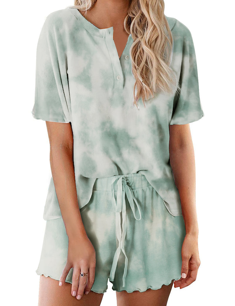 Women’s mint tie-dye pajama set with short-sleeve button-up top and matching drawstring shorts