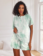 Women’s mint tie-dye lounge set with short-sleeve button top and matching drawstring shorts