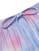 Ekouaer pajama shorts waistband close-up with tie-dye drawstring and elastic.