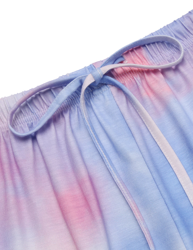 Ekouaer pajama shorts waistband close-up with tie-dye drawstring and elastic.