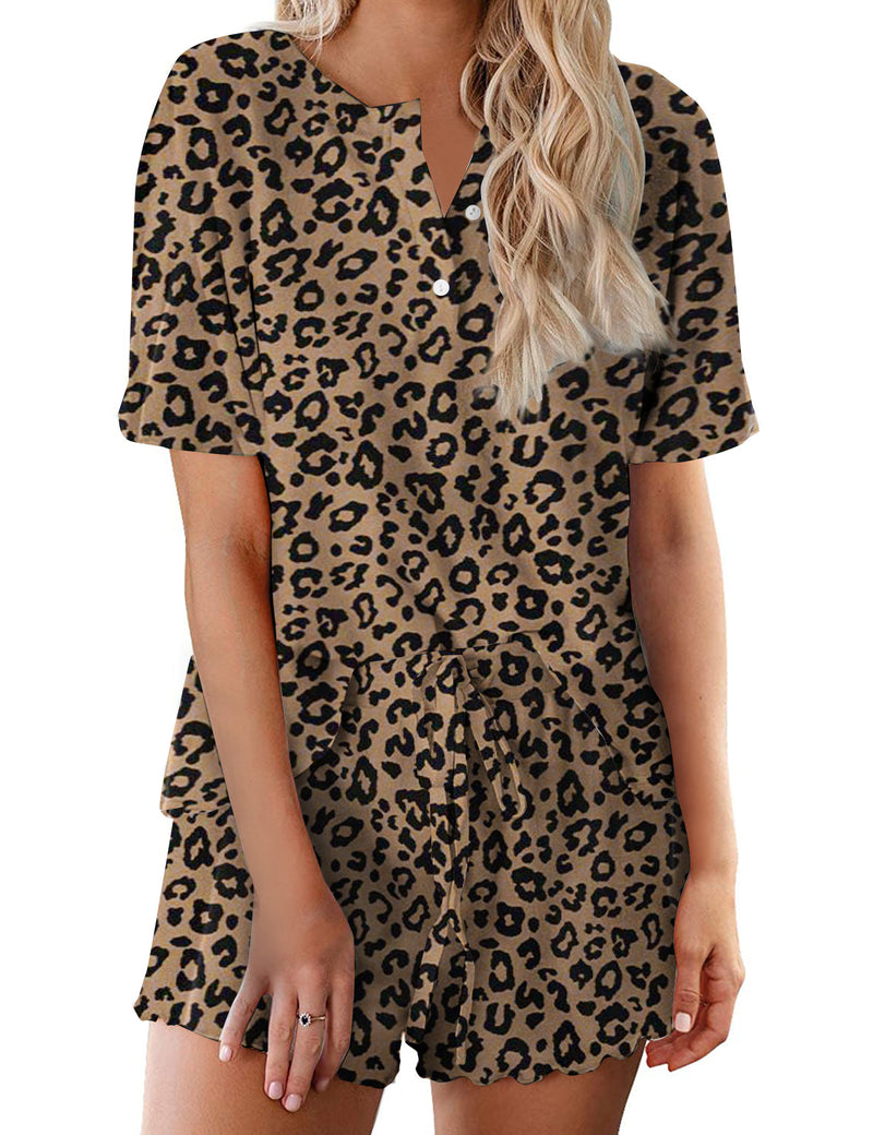 Leopard print short-sleeve pajama set with button front top and drawstring shorts