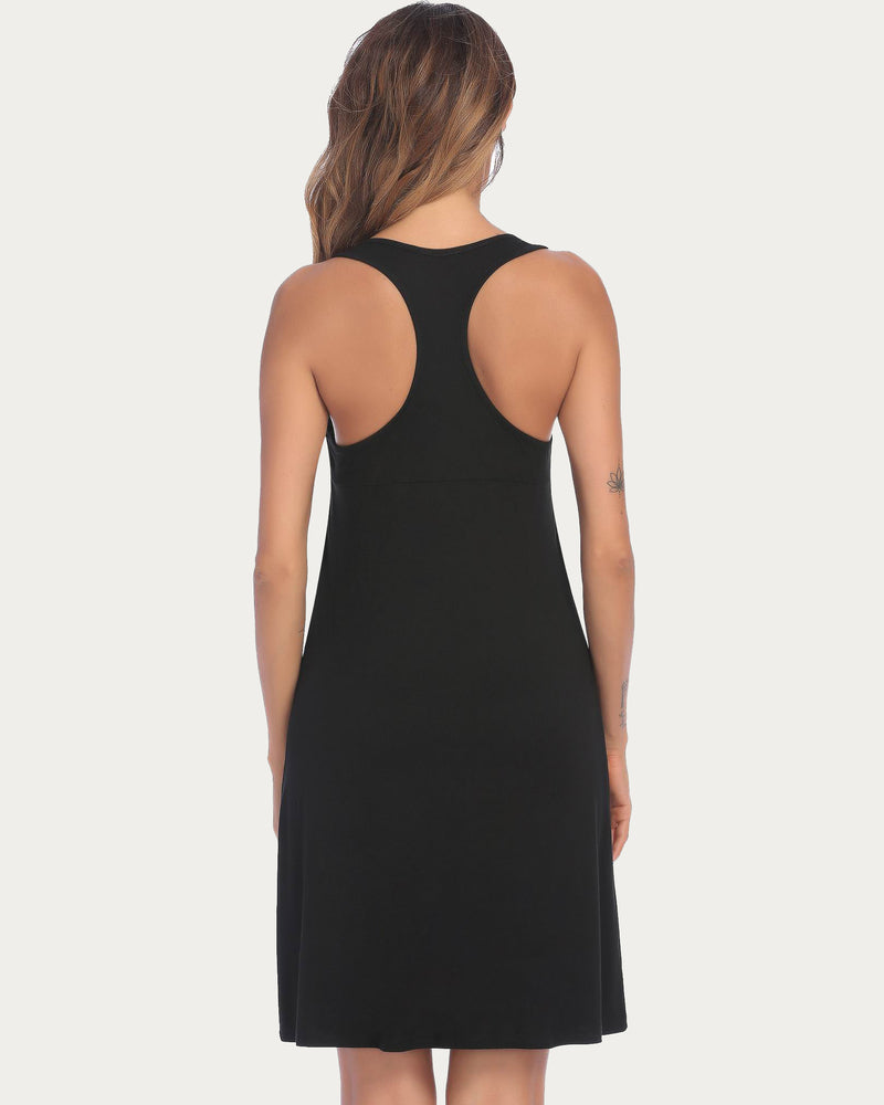 Black racerback sleep dress for women, sleeveless nightgown made from rayon blend.