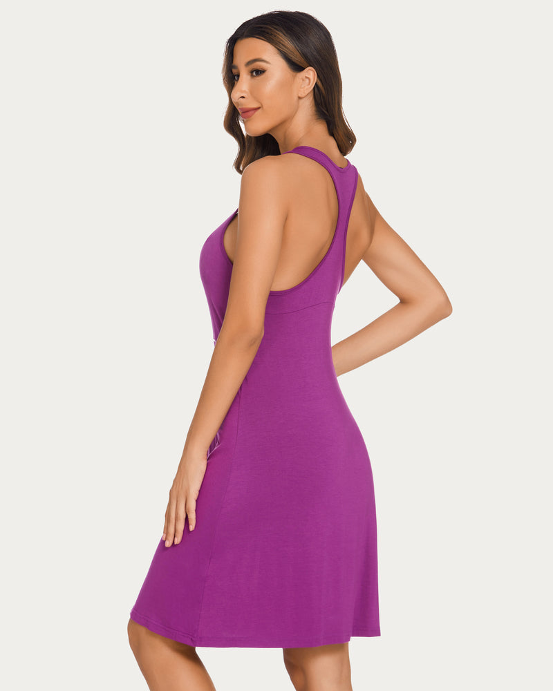 Purple racerback sleep dress. Sleeveless nightgown in a soft rayon blend for relaxed sleepwear.