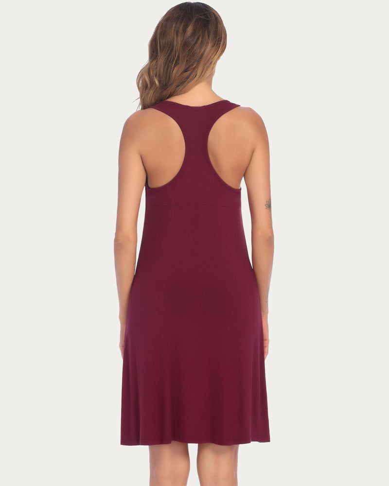 Burgundy racerback night dress for women, sleeveless rayon blend sleepwear, comfortable sleep dress.