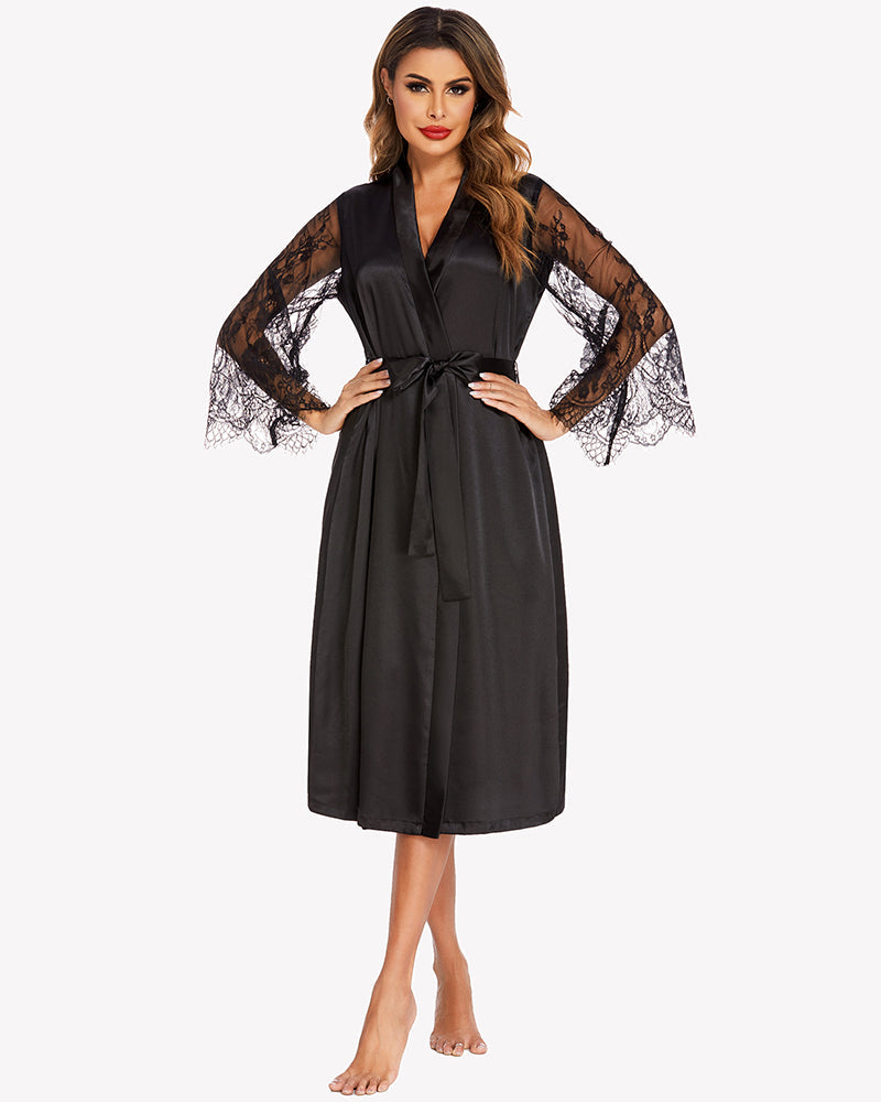 Black satin kimono robe with lace sleeves. Floral, elegant, and confident lingerie.
