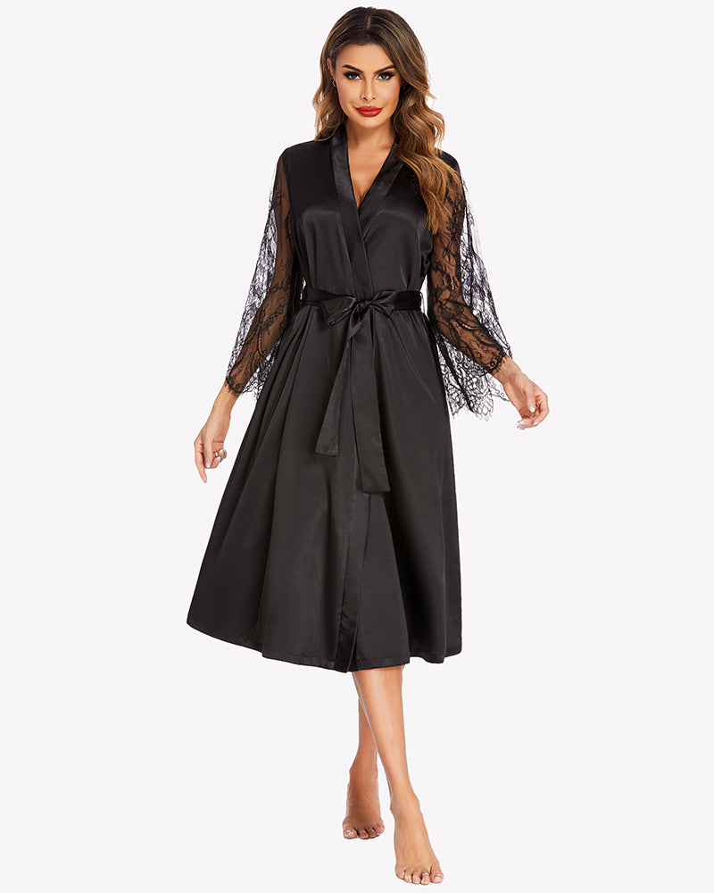 Black satin kimono robe with lace sleeves, elegant and comfortable, perfect for lounging.