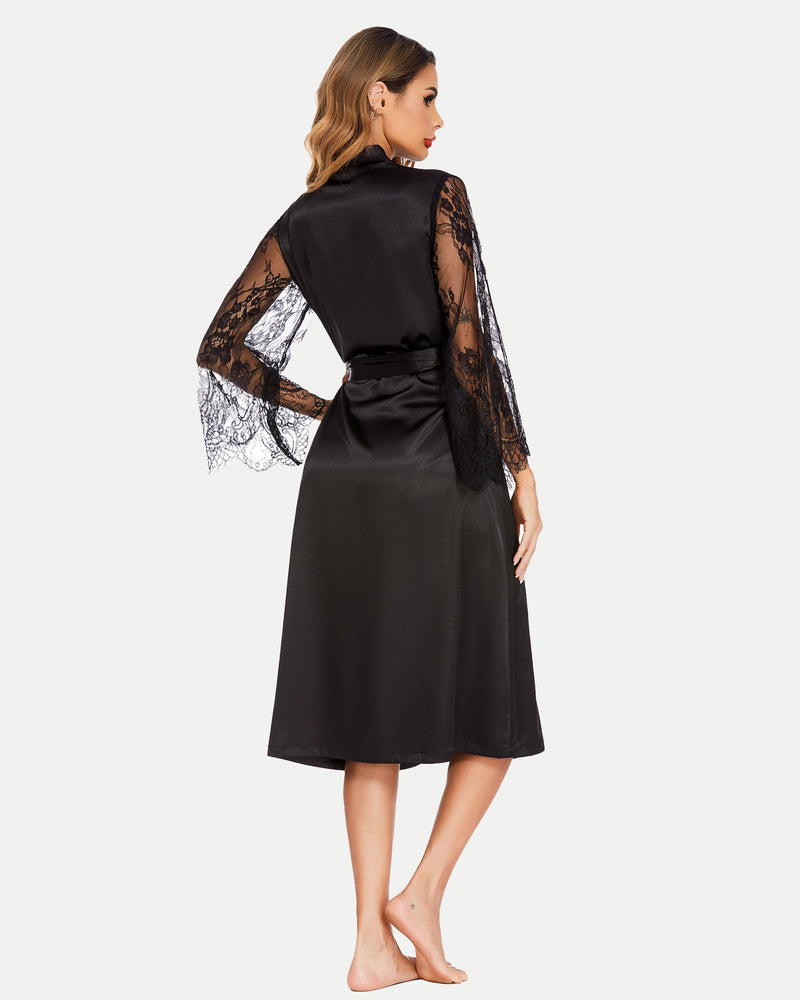 Black satin kimono robe with lace sleeves and belt. Bride dressing gown, elegant and smooth.