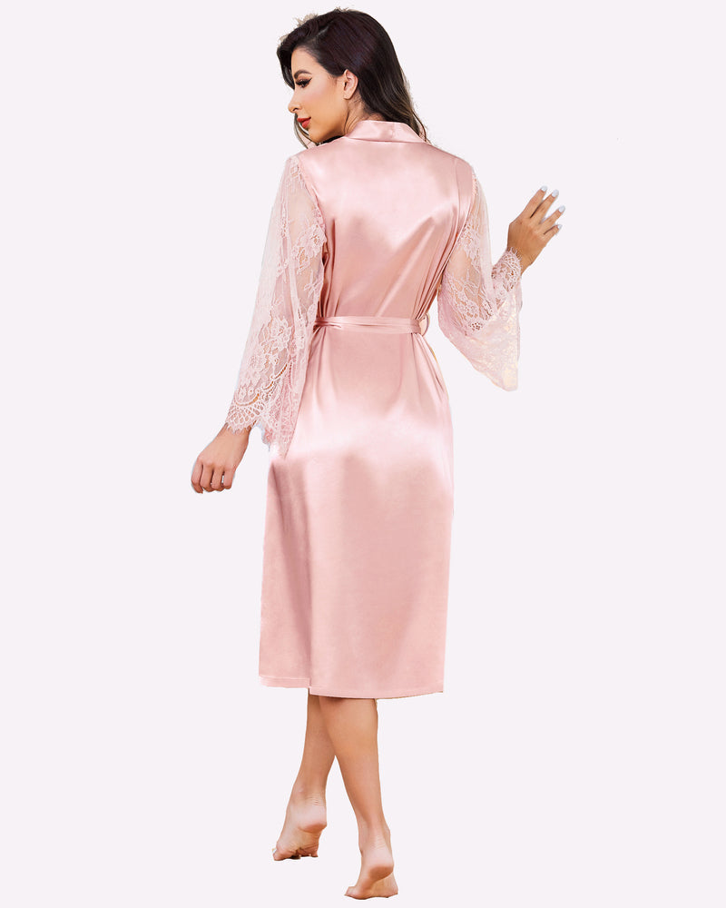 Light pink satin kimono robe with lace sleeves, perfect bride dressing gown, elegant and smooth feel