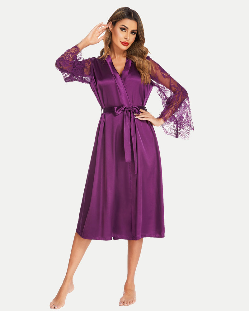 Purple satin bride dressing gown with lace sleeves and belt, elegant and smooth feel.