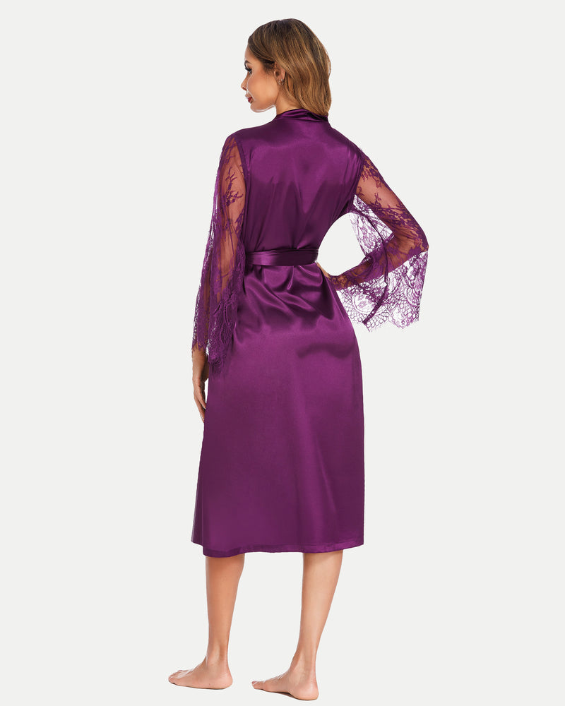 Purple satin kimono robe with lace sleeves, highlighting waist, luxurious comfort, elegant style.