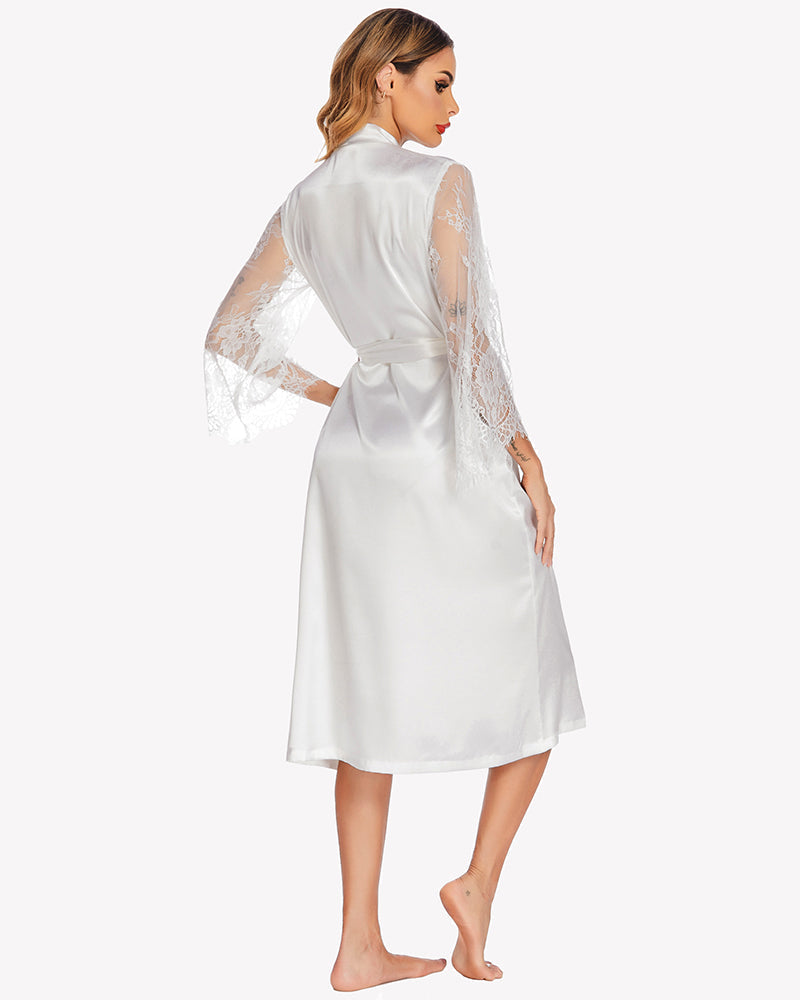White satin kimono robe with lace sleeves, bride dressing gown, elegant and smooth