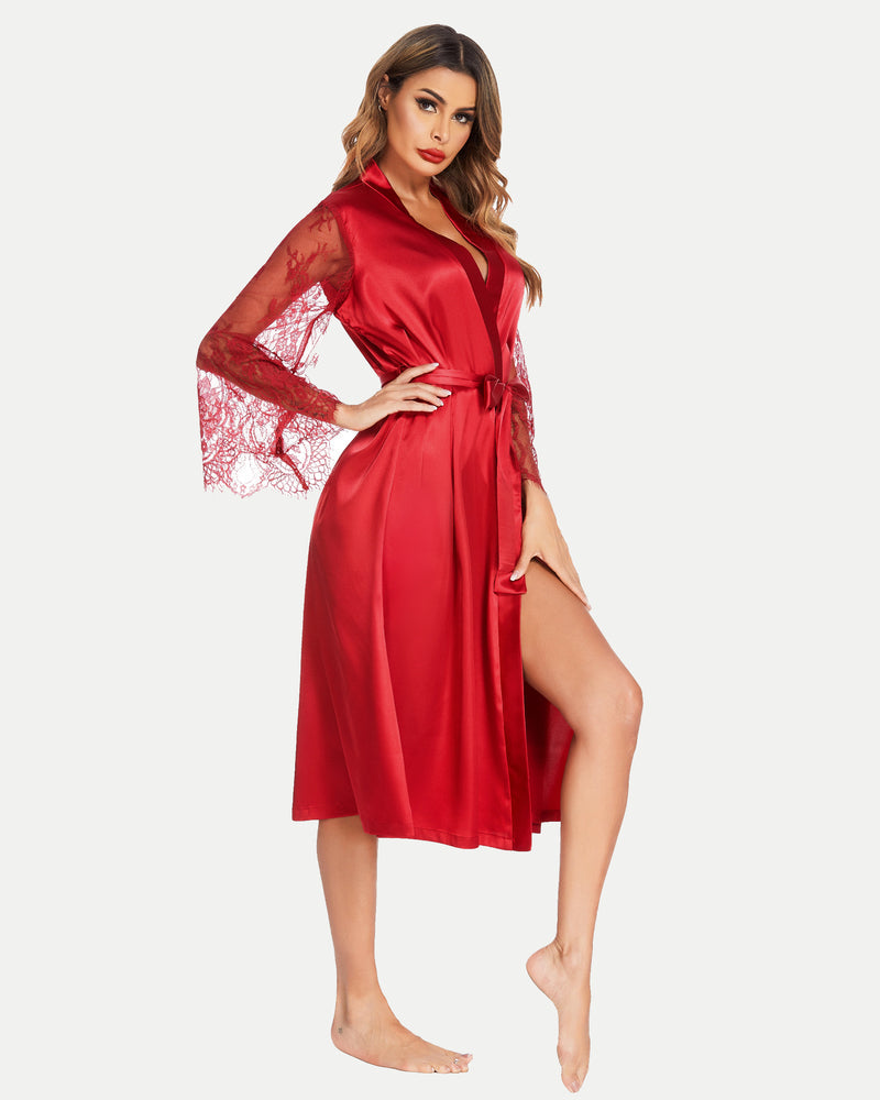 Red satin kimono robe with lace sleeves, perfect for brides or a touch of luxury.