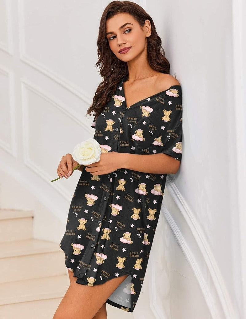 Black off-shoulder teddy sleep dress with short sleeves and button-front closure
