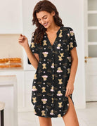Black V-neck button-front teddy nightgown with short sleeves and allover bear print