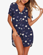 Navy teddy print V-neck button-front sleep dress with short sleeves and side opening