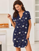 Navy teddy print V-neck button-front nightgown with short sleeves and front slit