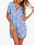Light blue teddy and moon print V-neck button-front nightgown with short sleeves