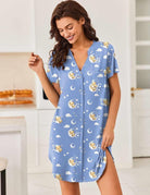 Light blue teddy print V-neck button-front nightgown with short sleeves and slit