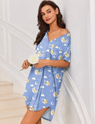 Light blue teddy print V-neck button-front sleep dress with short sleeves and side slit