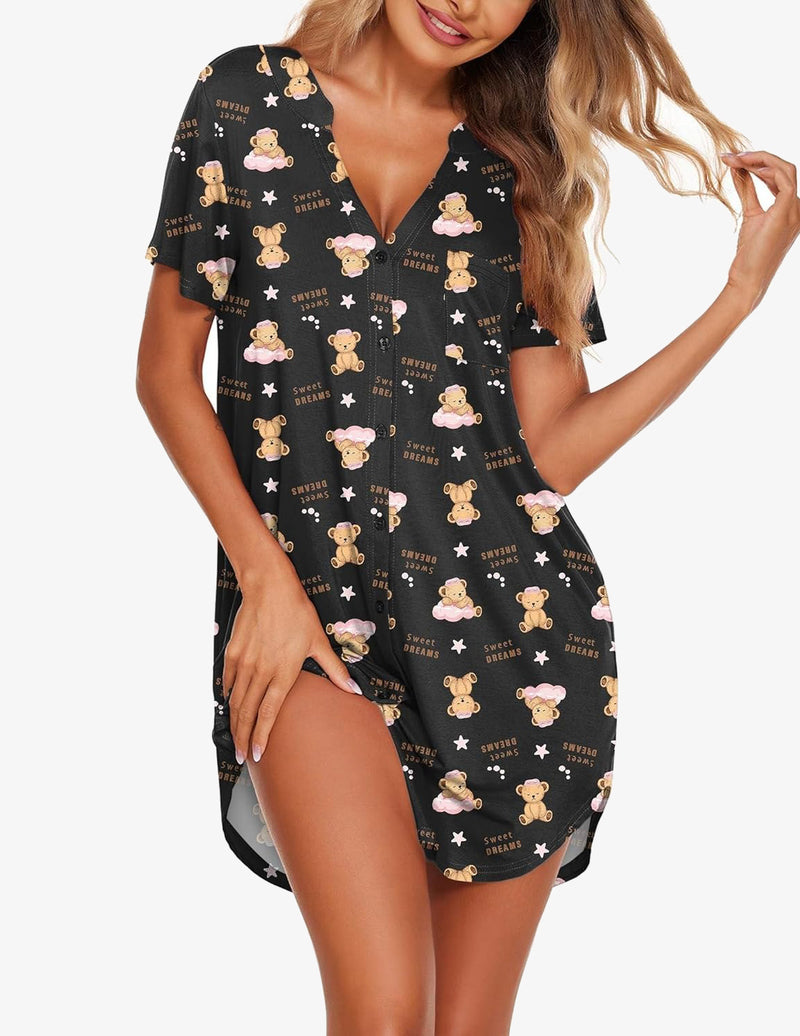 Black V-neck button-front teddy nightgown with short sleeves and multicolor bear print