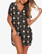 Black V-neck button-front teddy nightgown with short sleeves and multicolor bear print